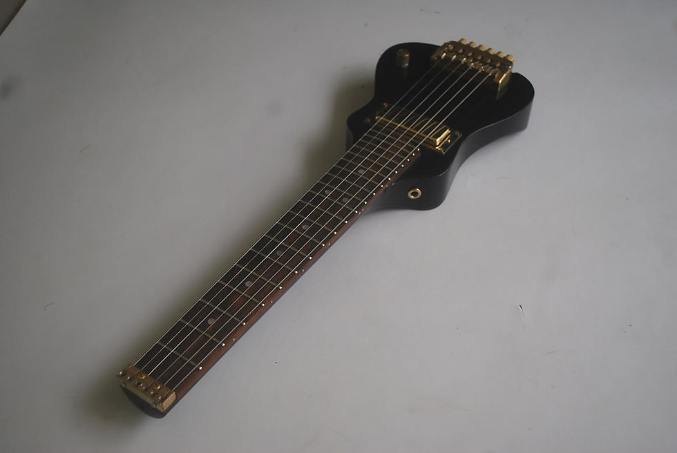 Thumbnail: Lapaxe™ Solo ST Black Beauty travel guitar with solid mahogany body and neck, rosewood fretboard, and single mini humbucker