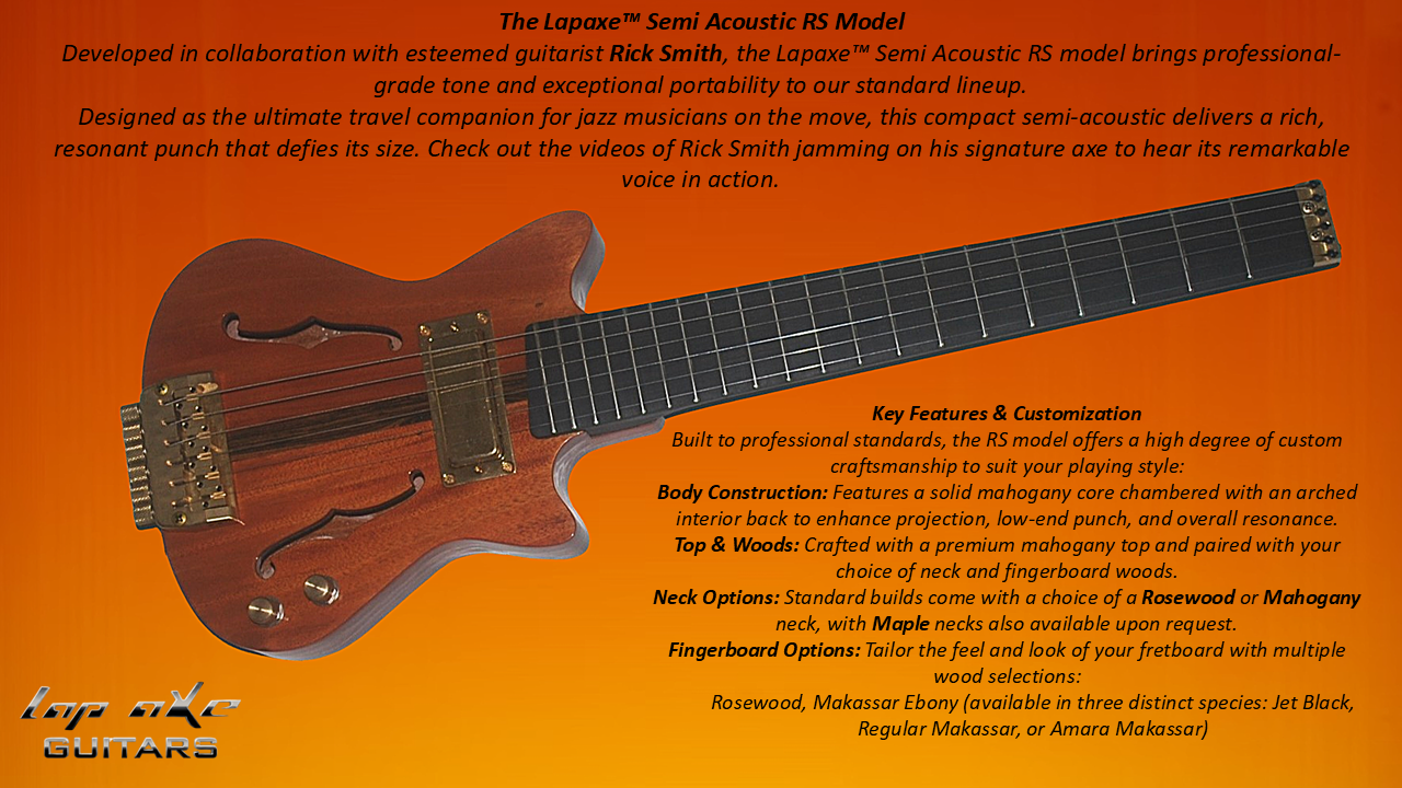 Lapaxe Semi Acoustic RS travel guitar developed with guitarist Rick Smith, featuring a chambered solid mahogany body