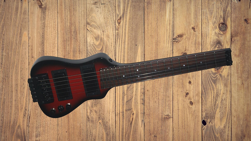 Lapaxe™ Deluxe Brick Burst travel guitar with mahogany body, rosewood fretboard, and dual black mini humbuckers