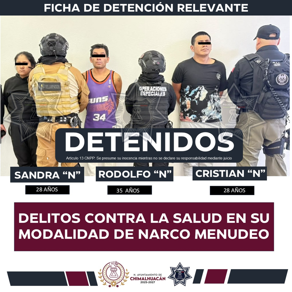 DETIENE POLICÍA MUNICIPAL DE CHIMALHUACÁN A TRES PERSONAS TRAS OPERATIVO DE PREVENCIÓN EN COLONIA LADERA