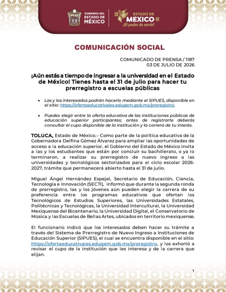 ¡Aún estás a tiempo de ingresar a la universidad en el Estado de México! Tienes hasta el 31 de julio para hacer tu prerregistro a escuelas públicas