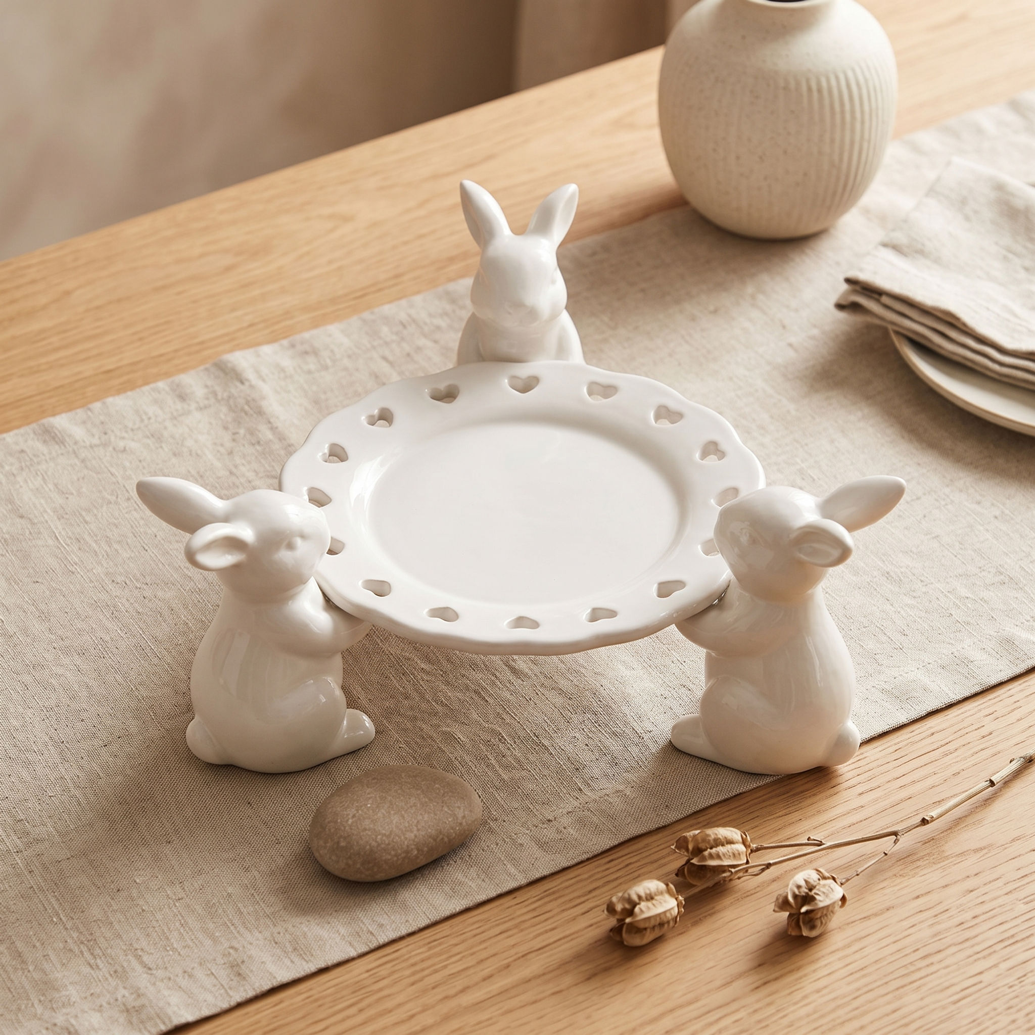 Three-piece Ceramic Bunnies and Plate Set
