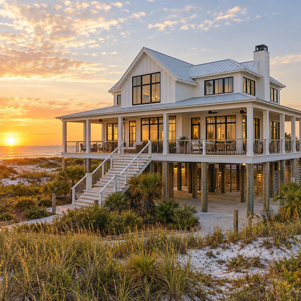 Custom-built coastal home exterior in Northwest Florida at golden hour