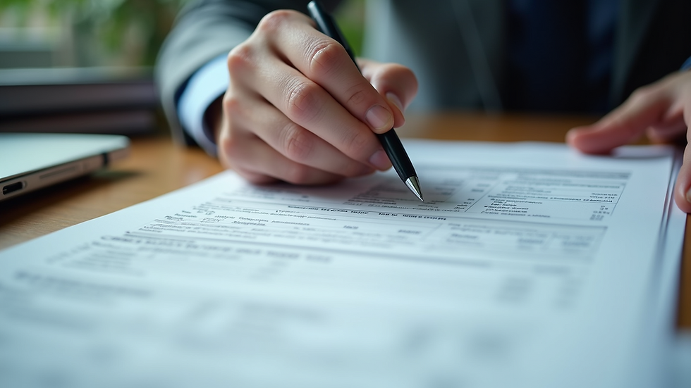 Close-up view of a person sorting through tax documents