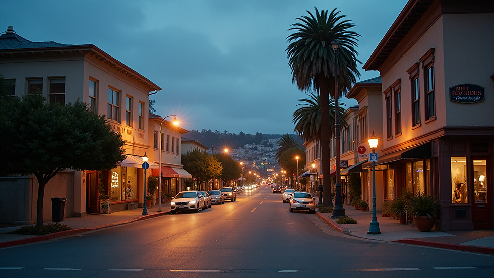 Wide angle view of Monterey downtown street at dusk