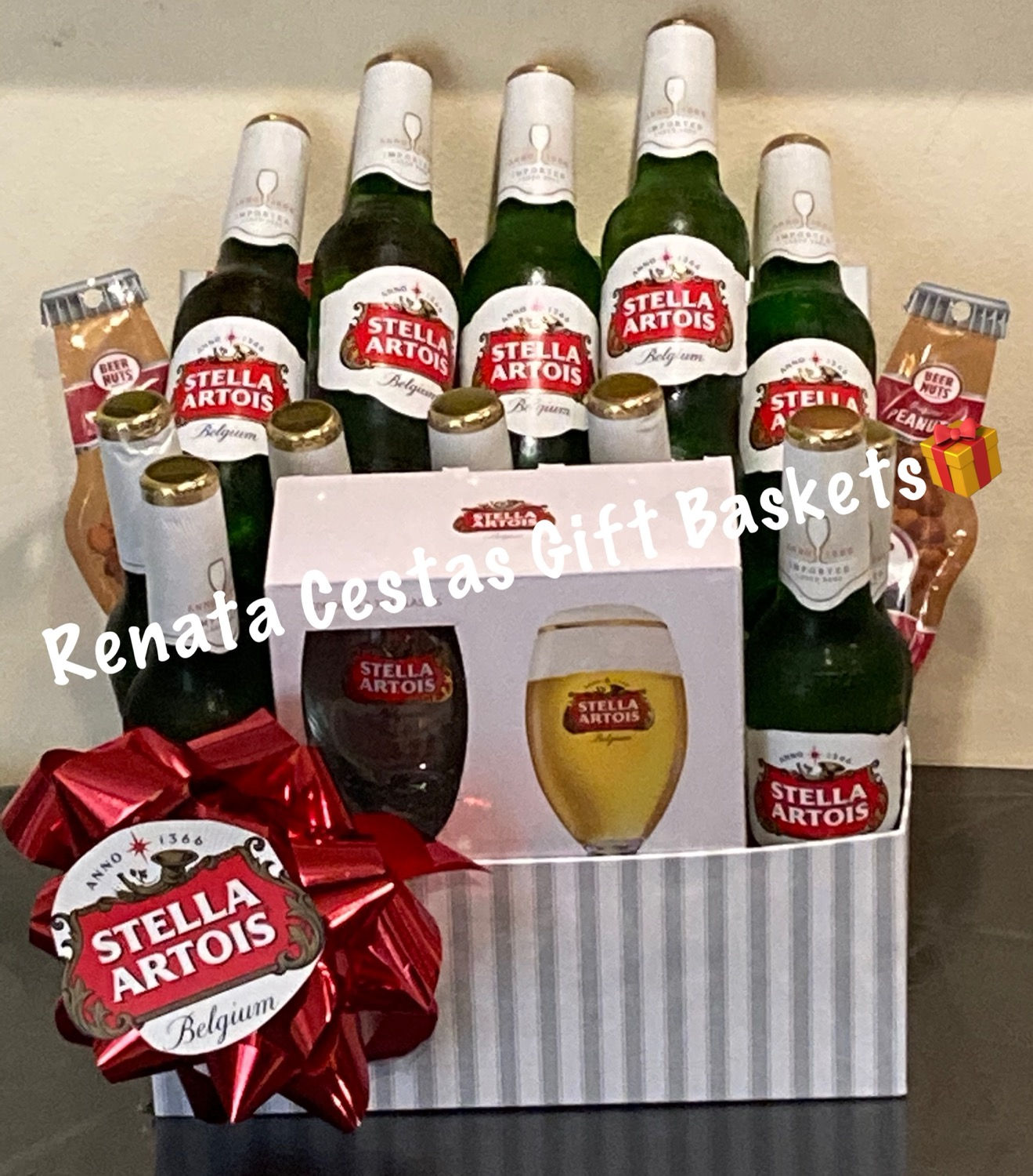 12  Stella Beer Gift Basket with 2 Glasses and some Appertizer