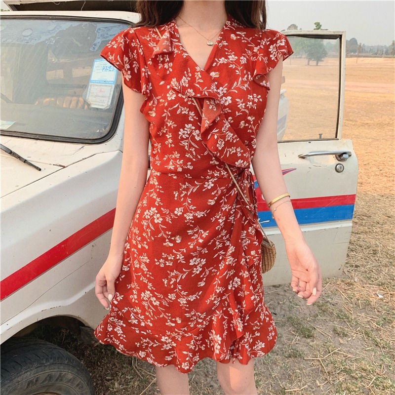 Thumbnail: red dress female summer Seaside holiday chiffon floral skirt