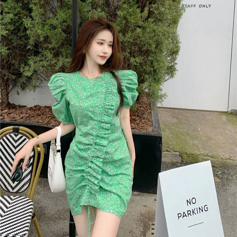 Thumbnail: Dress light  style puff sleeves waist floral skirt