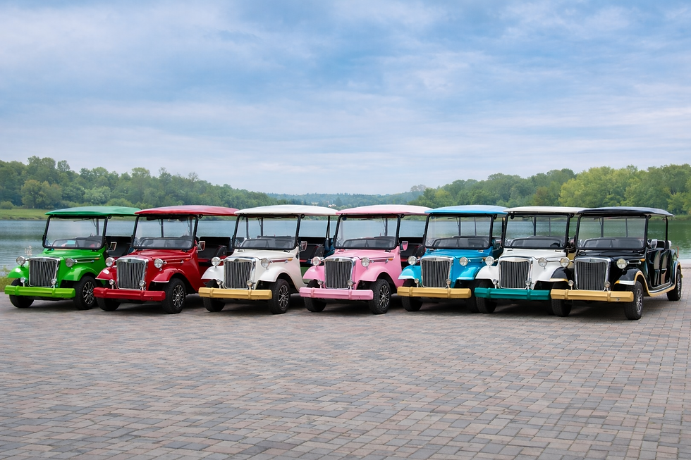 Colorful electric golf carts lineup.png