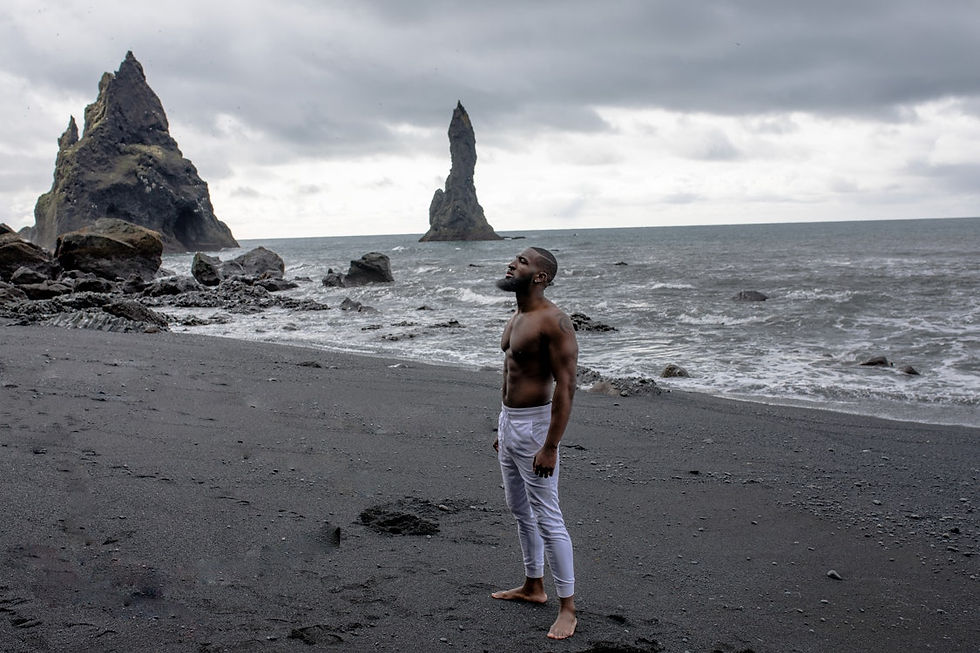 Man standing on a black sand beach, gazing upwards. Rugged sea stacks in the background. Overcast sky creates a moody atmosphere.