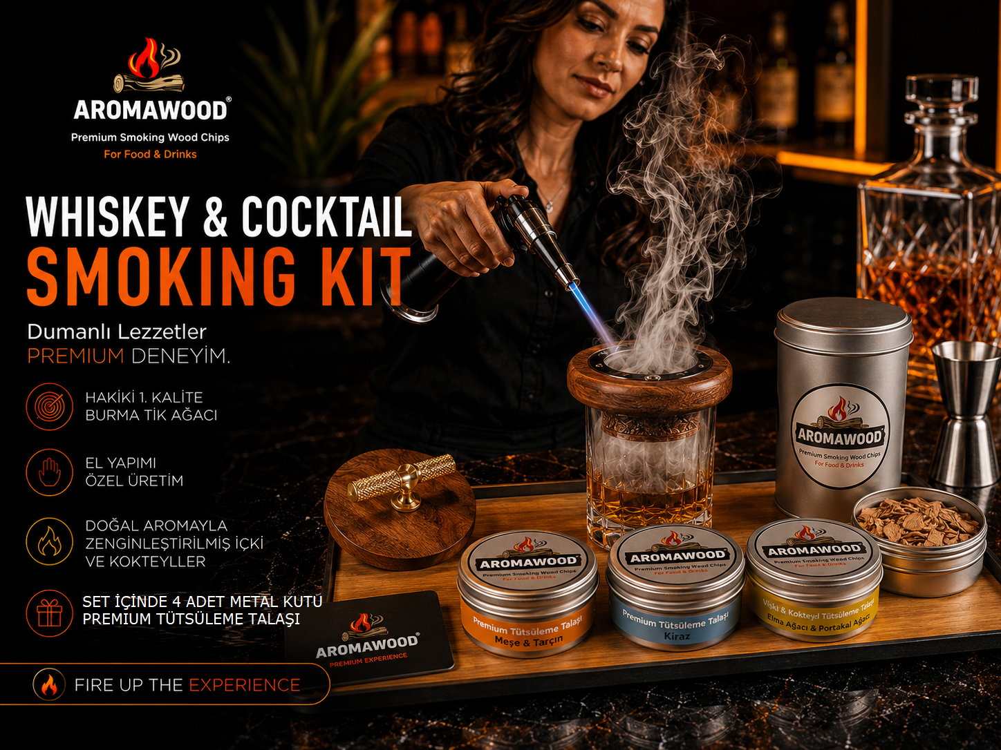 Premium Artisan Tik Ağacı Viski ve Kokteyl Tütsüleme Seti  