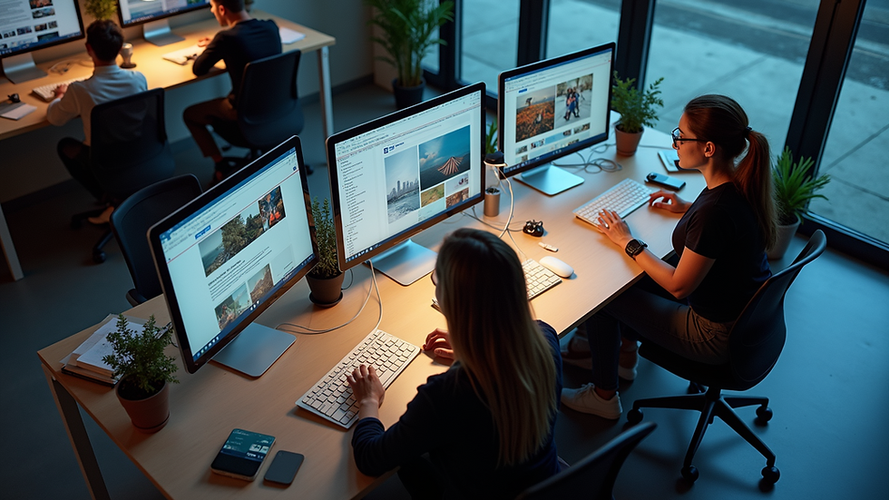 High angle view of a collaborative team working on website layouts on their computer screens
