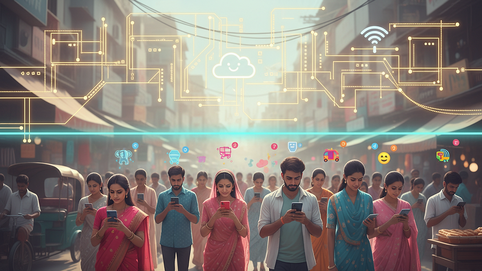 Eye-level view of a busy Indian street with people using smartphones