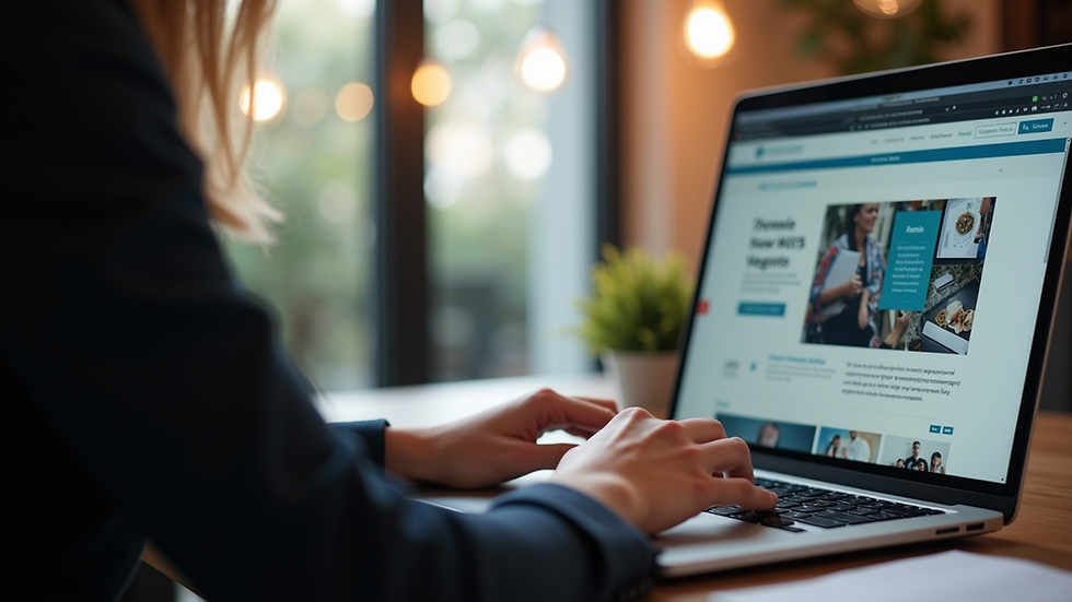Eye-level view of a person working on a laptop with a custom website design on screen