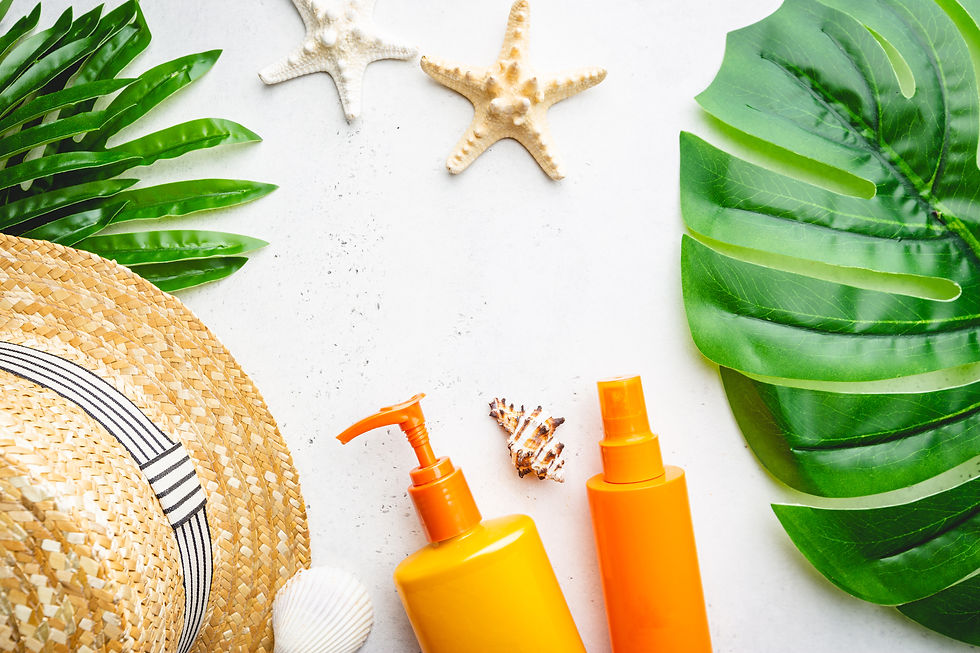 A layout featuring suntan lotion, a sea shell, a beach hat, and a green palm leaf, representing the essence of summer beaches and the importance of using quality skincare products daily.