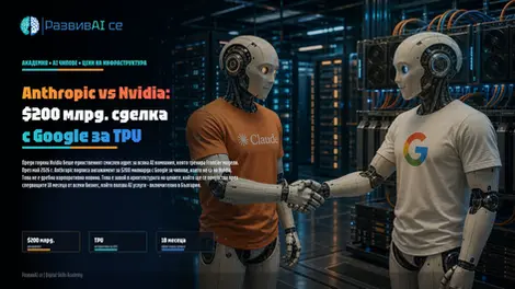 Два робота, носещи тениски на Claude и Google, се здрависват.