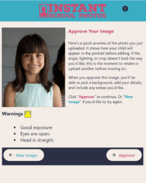Instant School Photos app interface showing portrait preview and background selection options