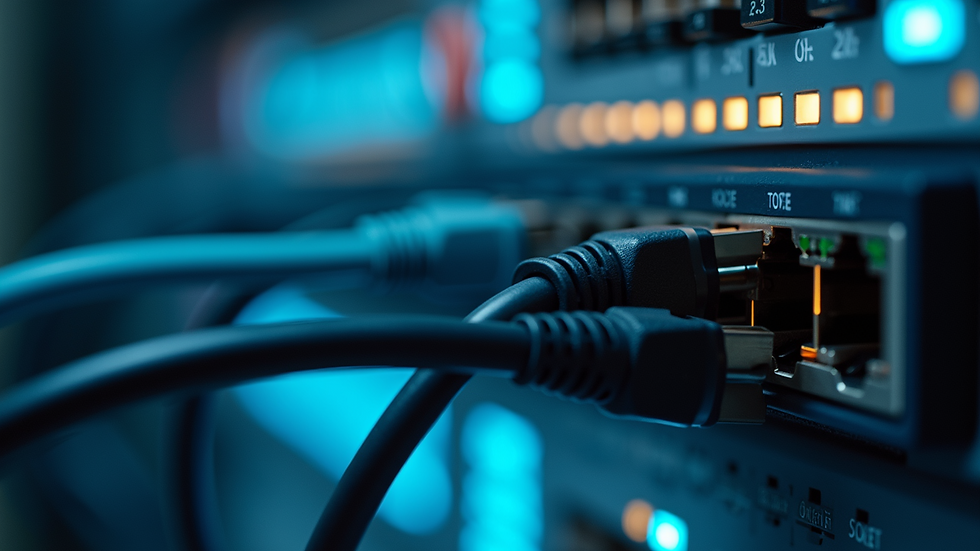 Close-up view of a network switch with connected cables