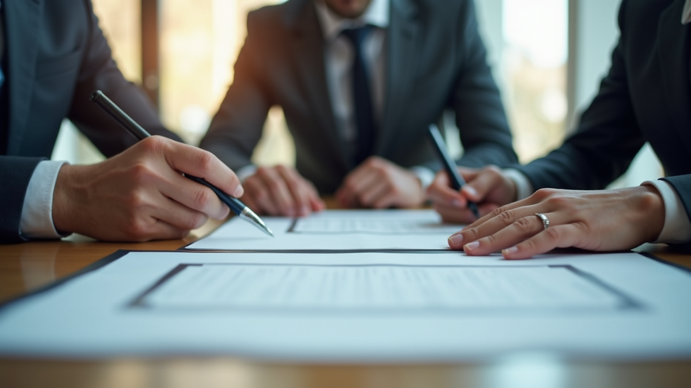 Close-up view of a meeting table with HR consultants discussing documents