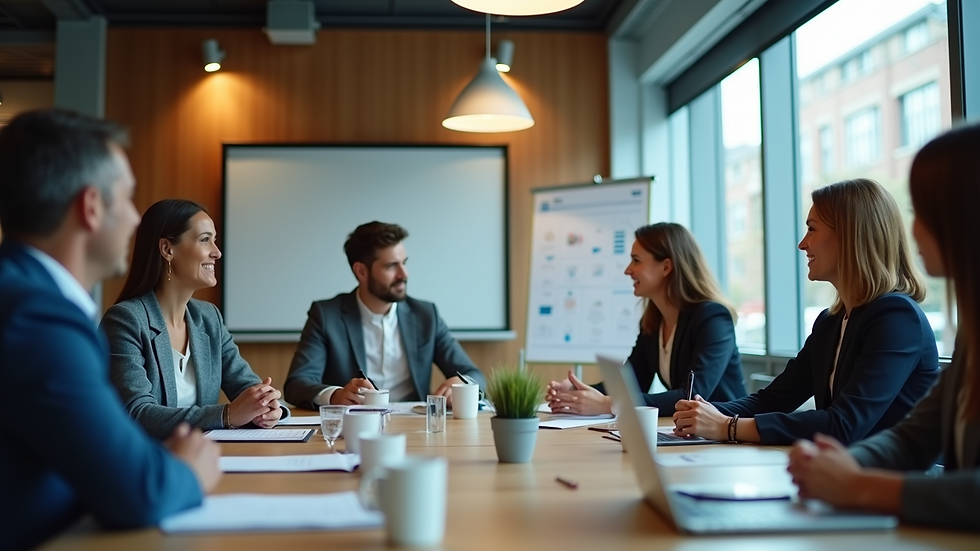 Eye-level view of a team engaged in a brainstorming session