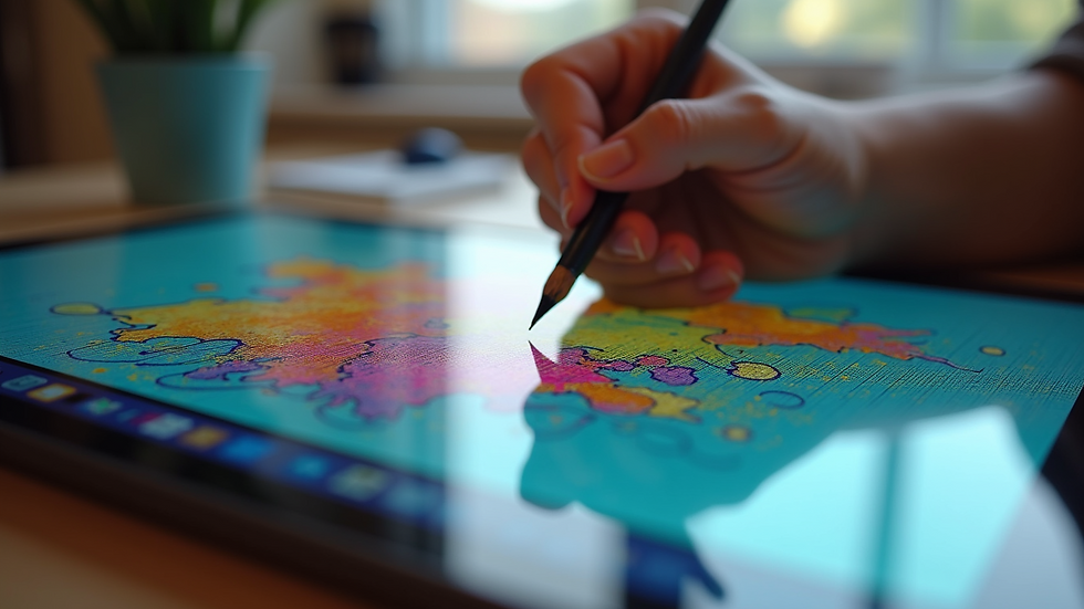 Close-up of a digital drawing tablet with a colourful artwork in progress