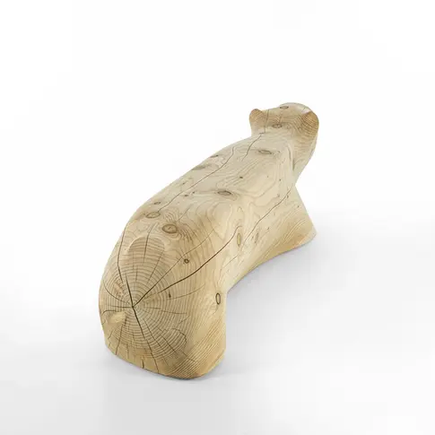 Not Too Late Bench – rear angled view showing sculptural cedar form – TEMPRA Design for Riva1920