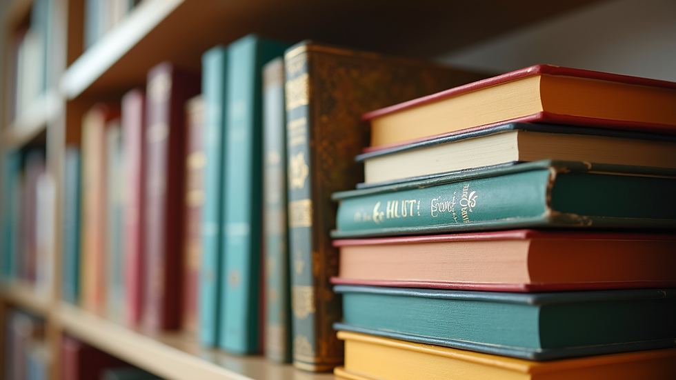 Close-up of colorful storybooks stacked on a shelf