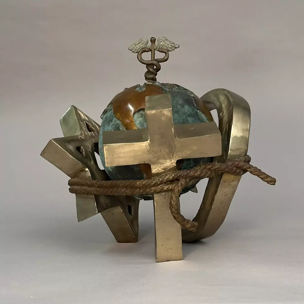 sculpture de bronze Prière pour le Monde  montrant la croix série oeuvre unique par l'artiste De Leclerc