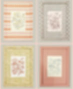 Four floral sketches in frames with colorful, patterned borders: diamonds, leaves, floral, and squares, set against a soft beige background. Wrapped Framing Workshop with Polly Ruffman aka Polly Wolly Doodles