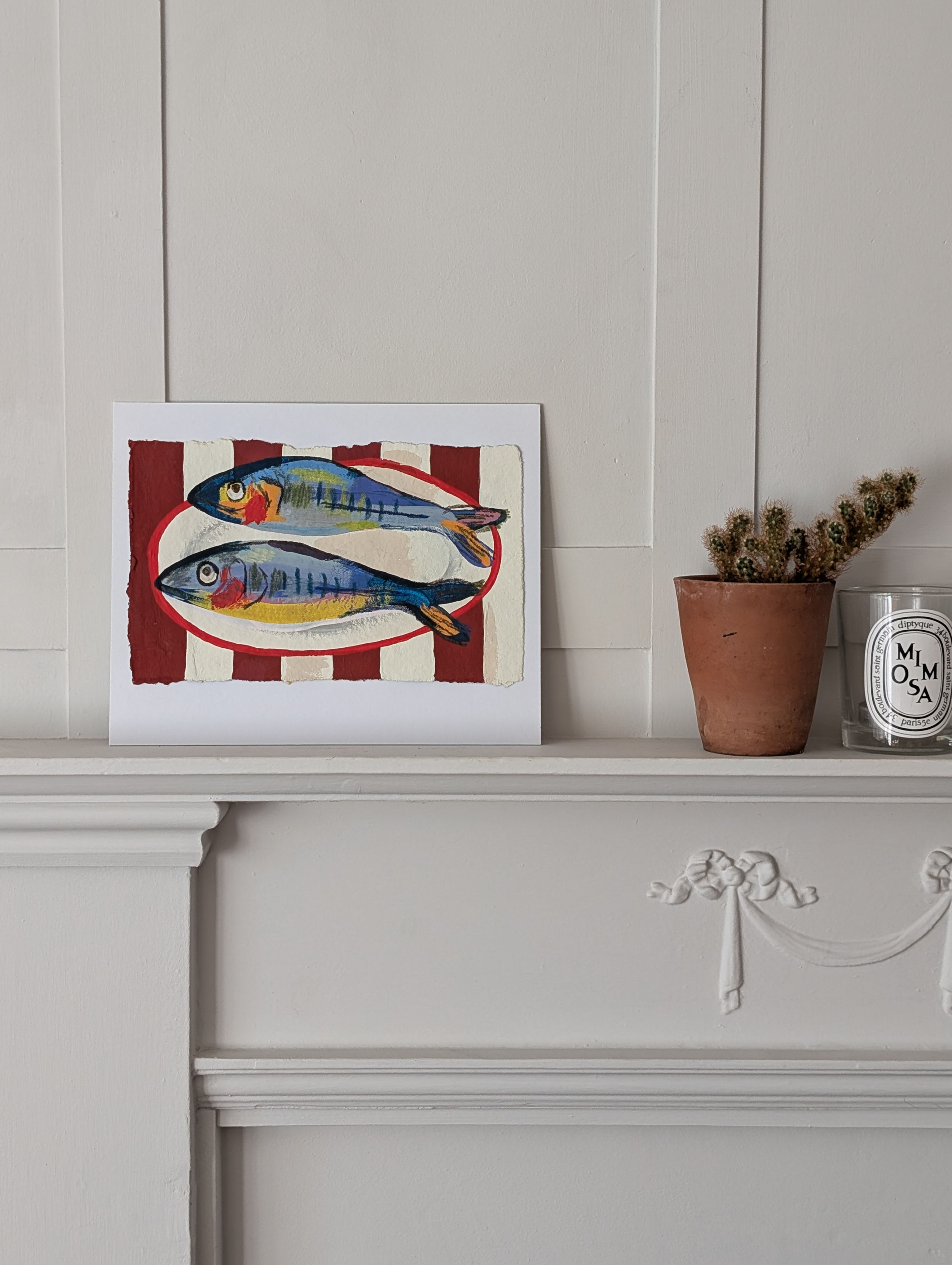 Two Collage Fish on Stripes