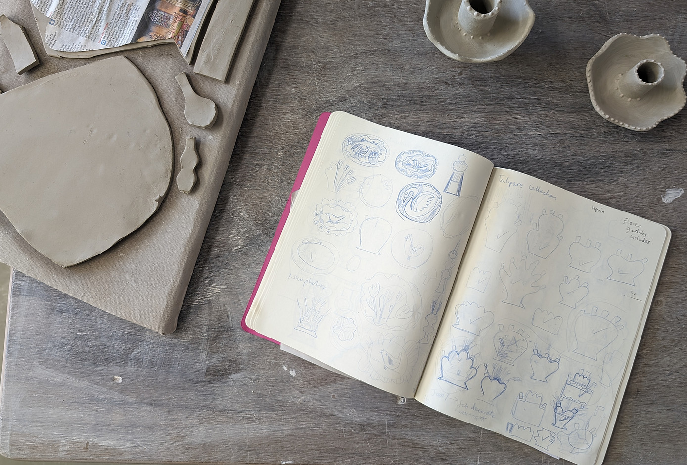 Sketchbooks and clay slabs of Laura Winstone