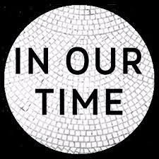 Circular white mosaic pattern with black text "IN OUR TIME" at center. Black background. Clean, minimalist design.