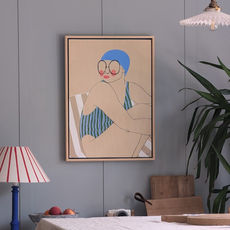 A stylised gauache painted swimmer in a stripy swimming costume by artist Sophie Moore