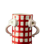 Ceramic gingham Bow Vase in red and white with pink handlefrom Damson Madder