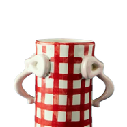 Ceramic gingham Bow Vase in red and white with pink handlefrom Damson Madder