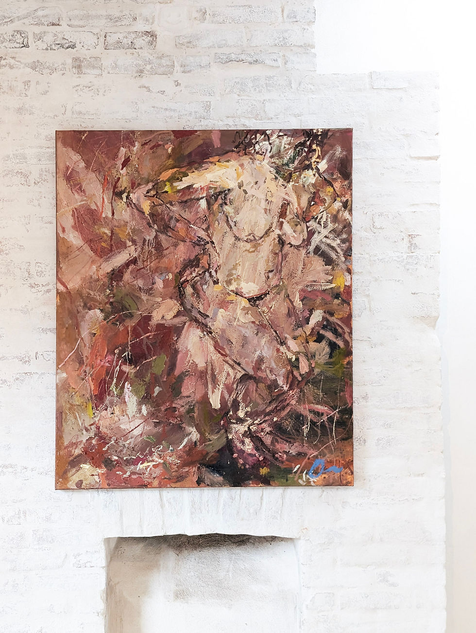 Colourful abstract painting of a figure on a textured, brick wall. Earthy tones dominate, with hints of green, yellow, and white accents.