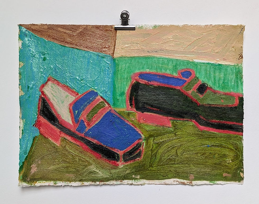 Abstract painting of two shoes, one blue and one black, with red outlines. Background is textured turquoise and green, clipped on a white wall.