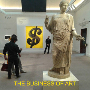 A marble statue in a gallery faces a yellow painting with a dollar sign. Text reads "THE BUSINESS OF ART." Visitors observe the exhibits.