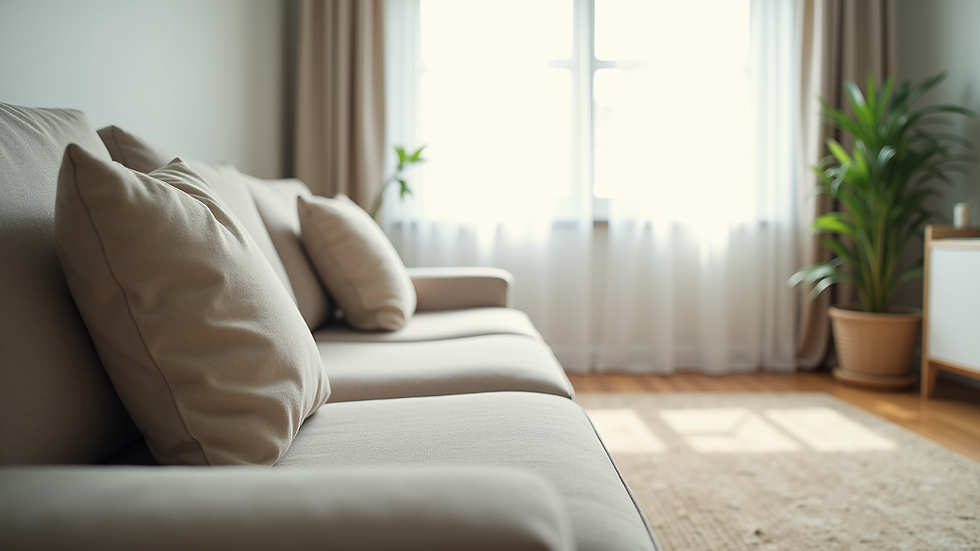 Eye-level view of a freshly cleaned sofa in a bright living room