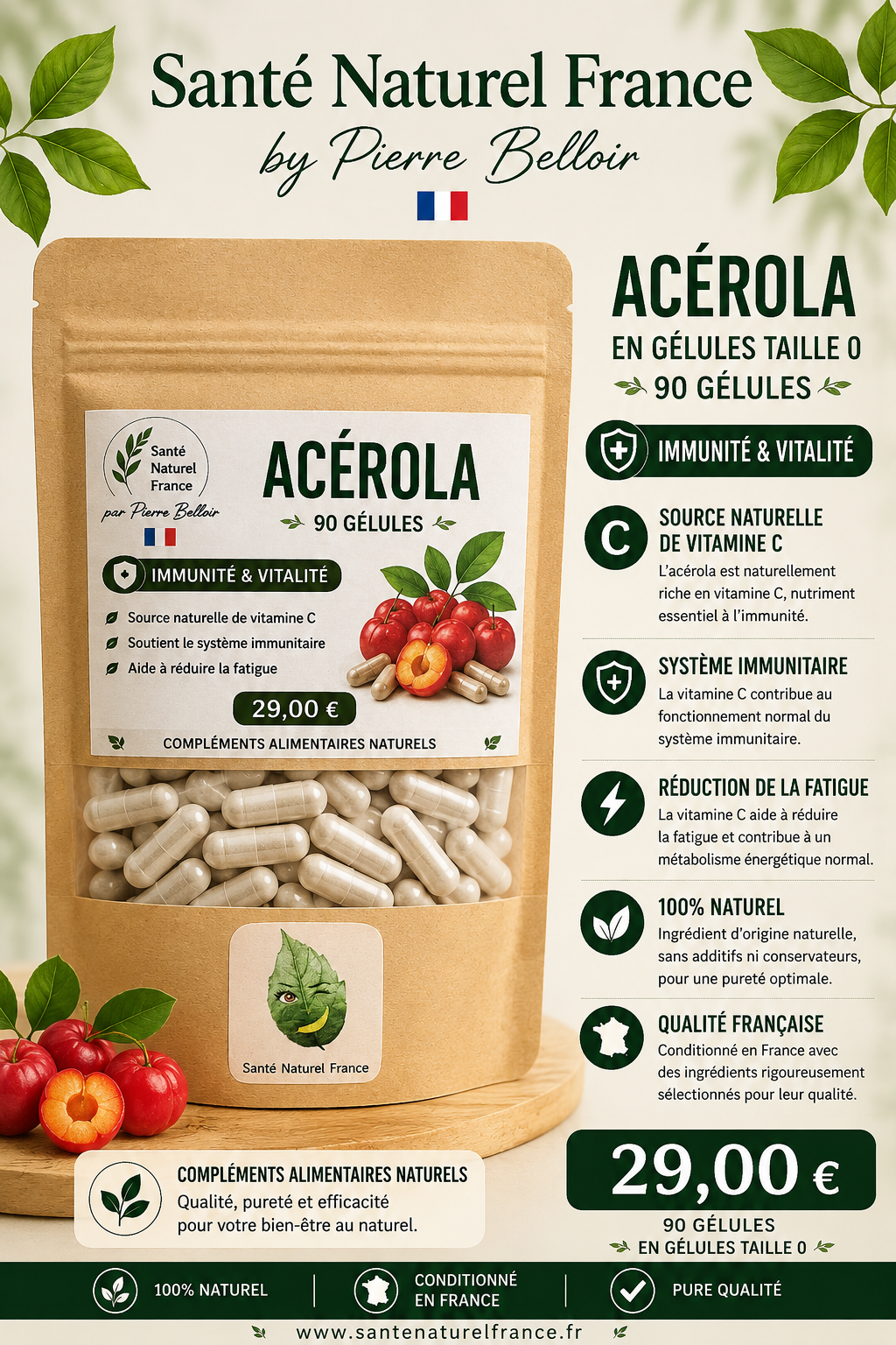 Tonus, vitalité Acérola vitamine C Bio 90 Gélules