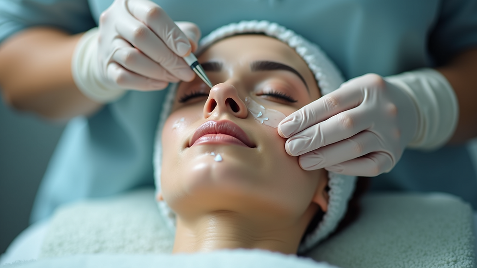 Eye-level view of a skincare professional applying a chemical peel to a client’s face