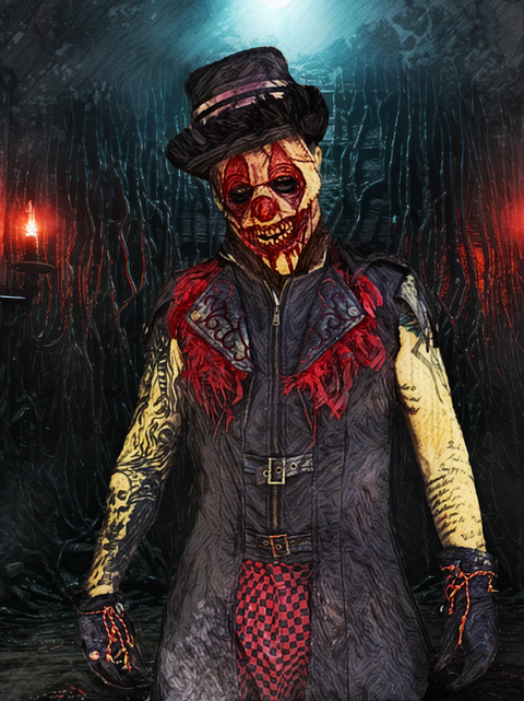 Edward Butcher, the eerie ringleader, stands ominously in dim light, his black jacket edged with red feathers, tattoos snaking up his arms, and a malevolent glint in his eyes, embodying the chilling essence of Mad Jack's Haunted house.