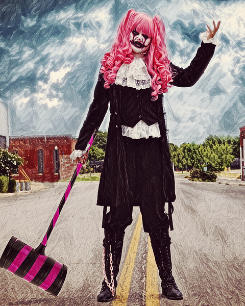 "Lucy Sparks, the enigmatic former Hollywood starlet, now a resident of the Twisted Outcast asylum, performing within the eerie confines of Mad Jack's Haunted House."
