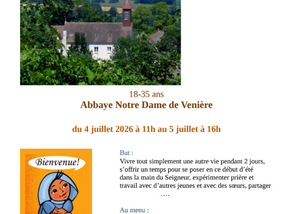Un week-end "pause jeunes" à l'Abbaye de Venière pour les 18-35 ans les 4-5 juillet 2026.