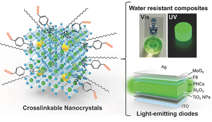 Our work on surface-crosslinkable perovskite quantum dot LEDs was recently published in Advanced Mat