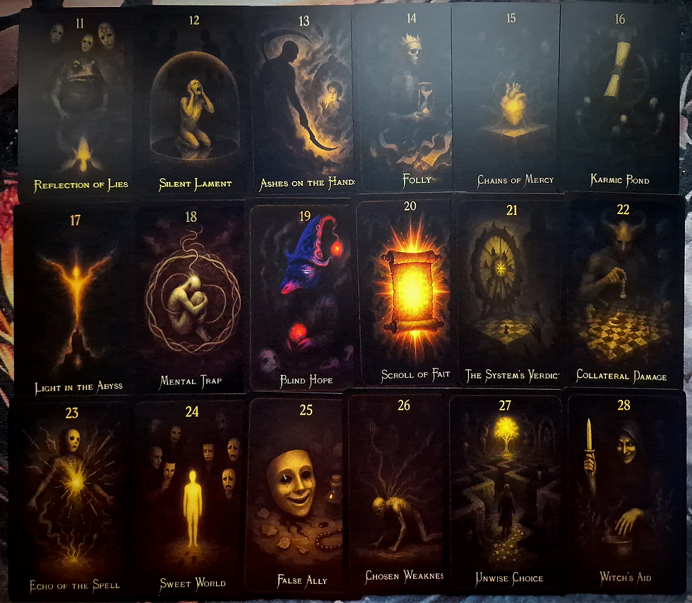 Dark fantasy oracle cards from Archive of Fate with gold mystical accents