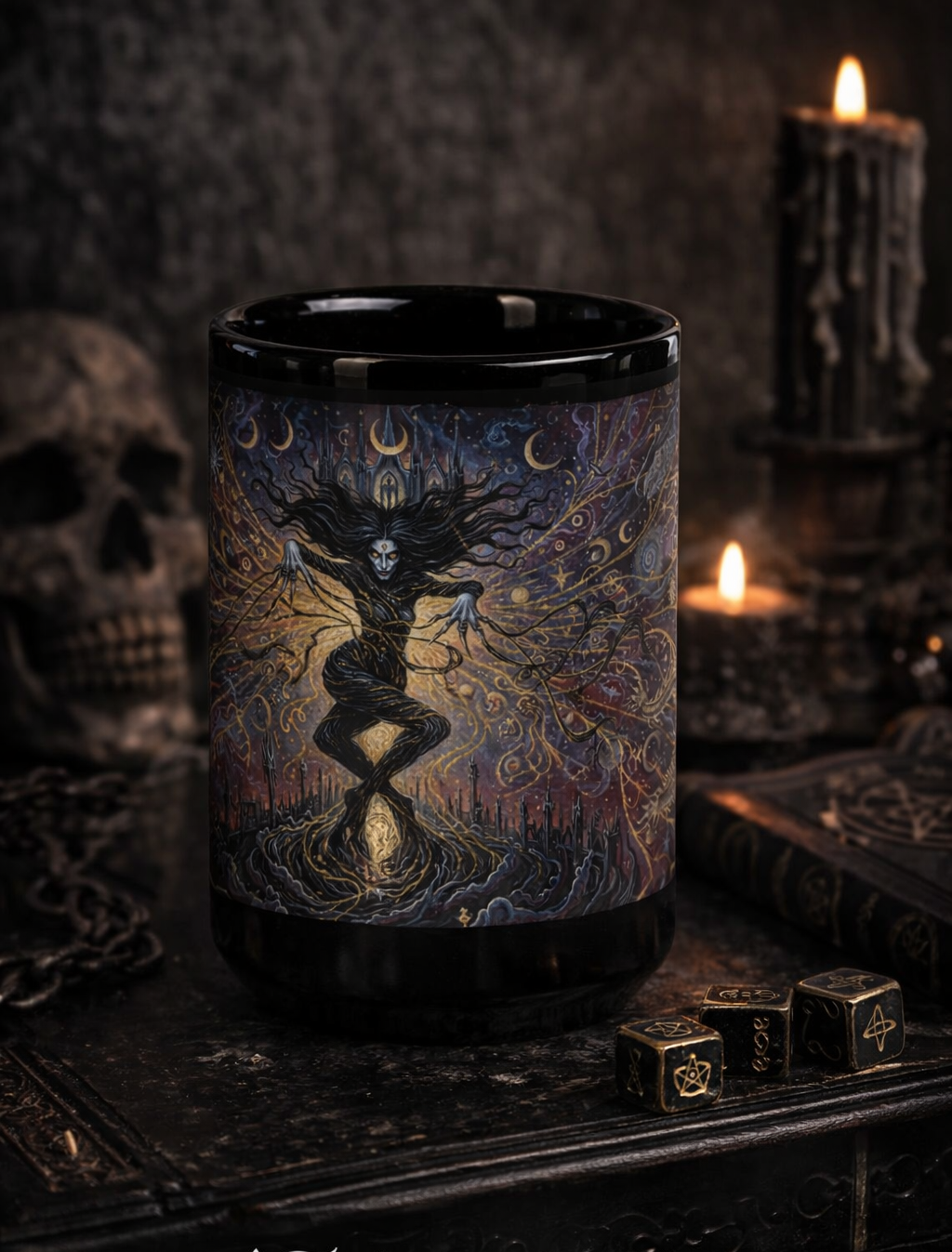 Occult black glossy mug with celestial fate design beside skull and candle decor