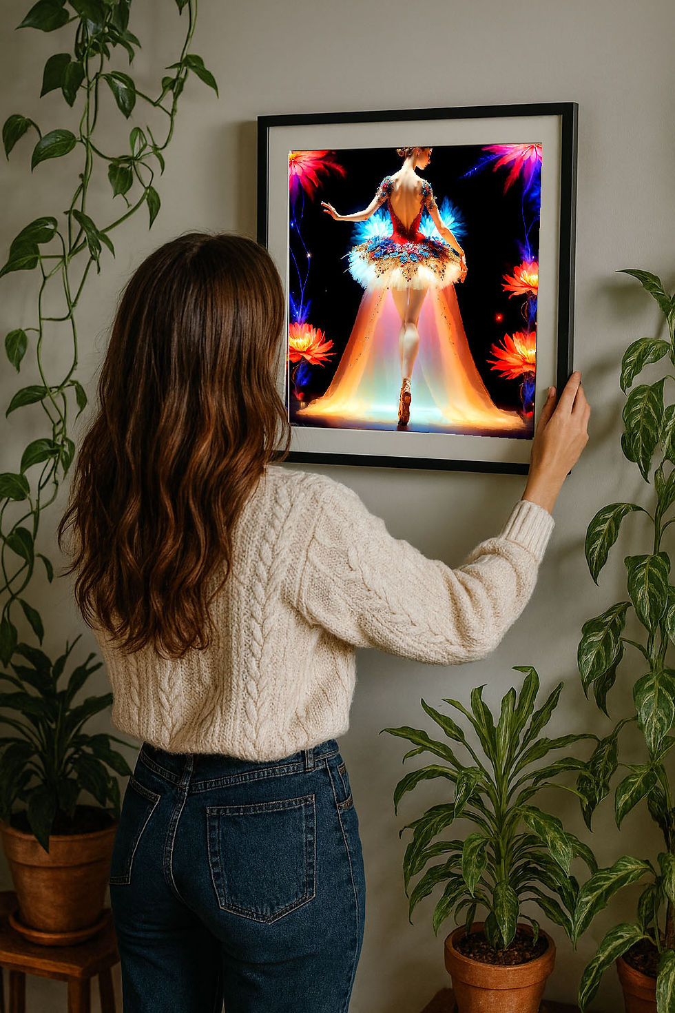 Thumbnail: Woman placing ballerina aluminum wall art on interior wall