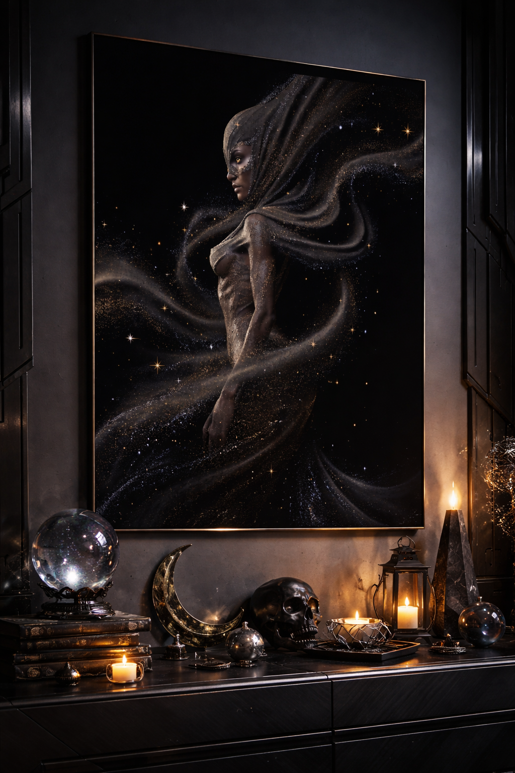 Cosmic goddess landscape wall poster in dark celestial gothic room