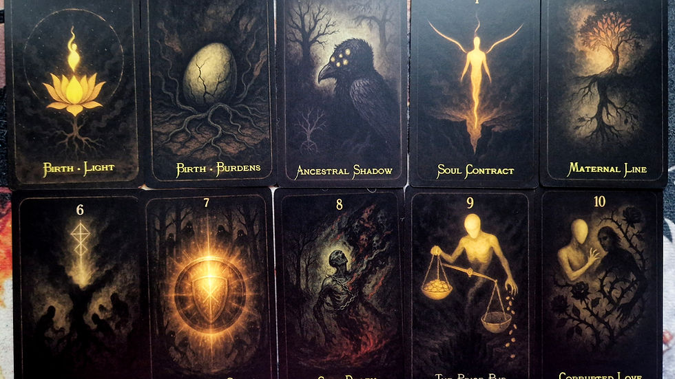 High angle view of a mystical oracle deck with candles and crystals